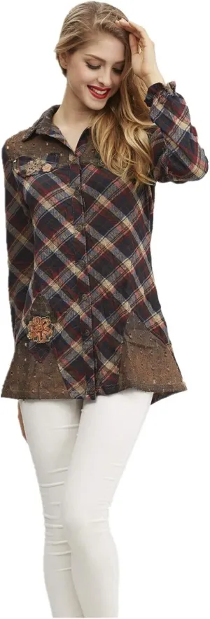 SIMPLY COUTURE Women's Long Sleeve Floral Mesh Button Down Blouse
