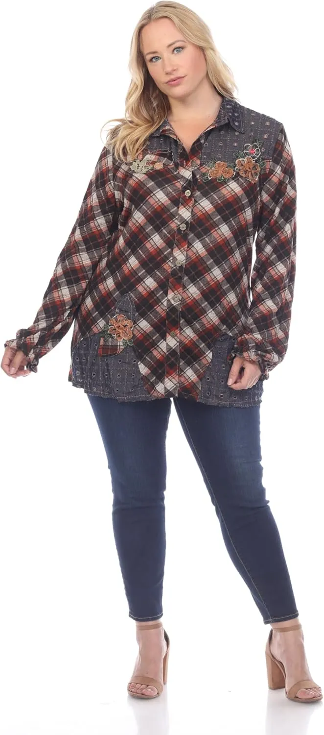 SIMPLY COUTURE Women's Long Sleeve Floral Mesh Button Down Blouse
