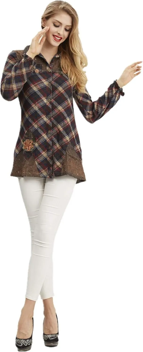 SIMPLY COUTURE Women's Long Sleeve Floral Mesh Button Down Blouse