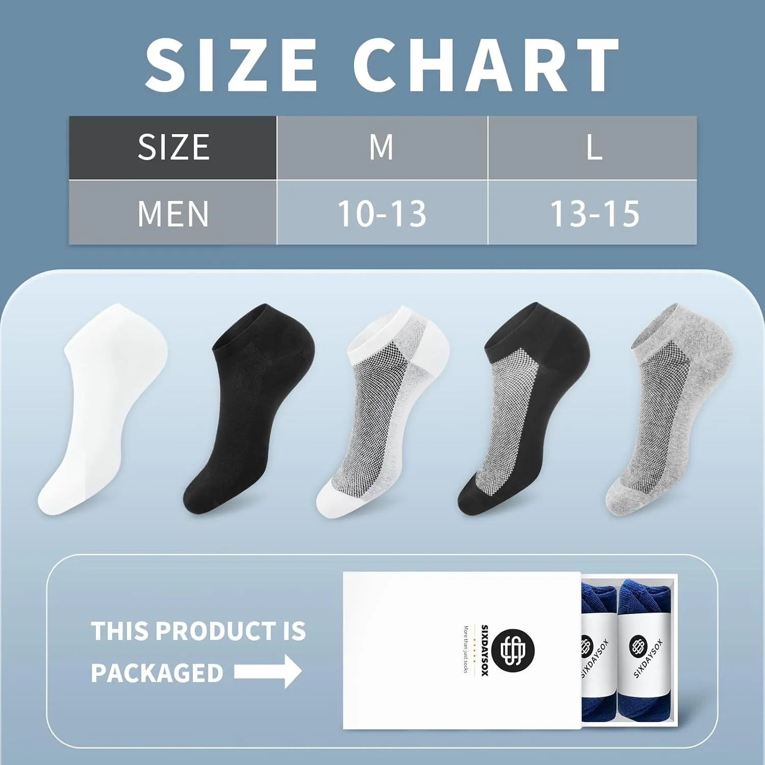 SIXDAYSOX 8/6 Pack Mens Ankle Socks Low Cut Comfort Casual Socks Size 10-13/13-15