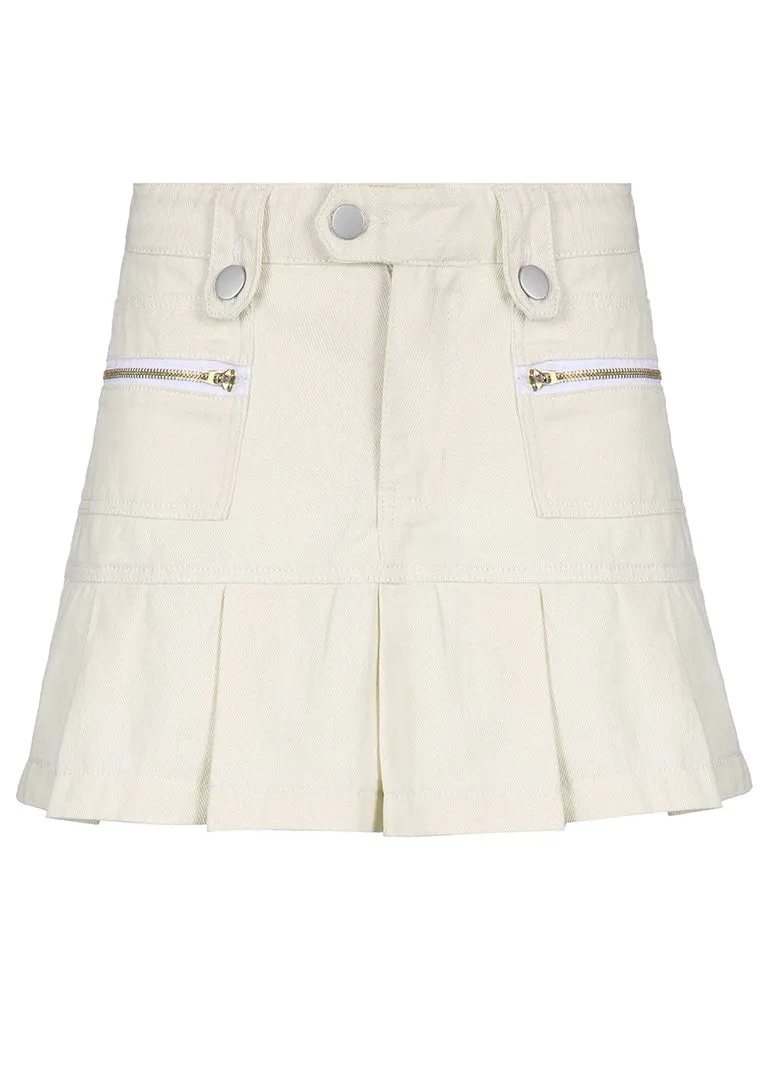 Slim Fit White Button High Waist Patchwork Denim Pleated Skirt Fall