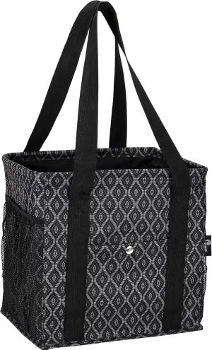 Small Utility Tote for Women with 4 Exterior Pockets - Perfect as Lunch, Reusable Grocery, Shopping, Work, Teacher, and Nurse Bag (Black Trellis)