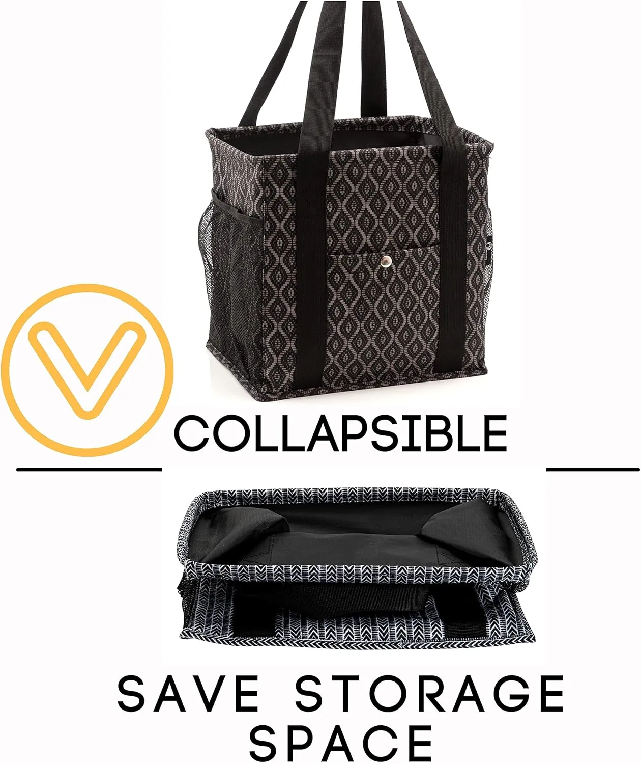 Small Utility Tote for Women with 4 Exterior Pockets - Perfect as Lunch, Reusable Grocery, Shopping, Work, Teacher, and Nurse Bag (Black Trellis)
