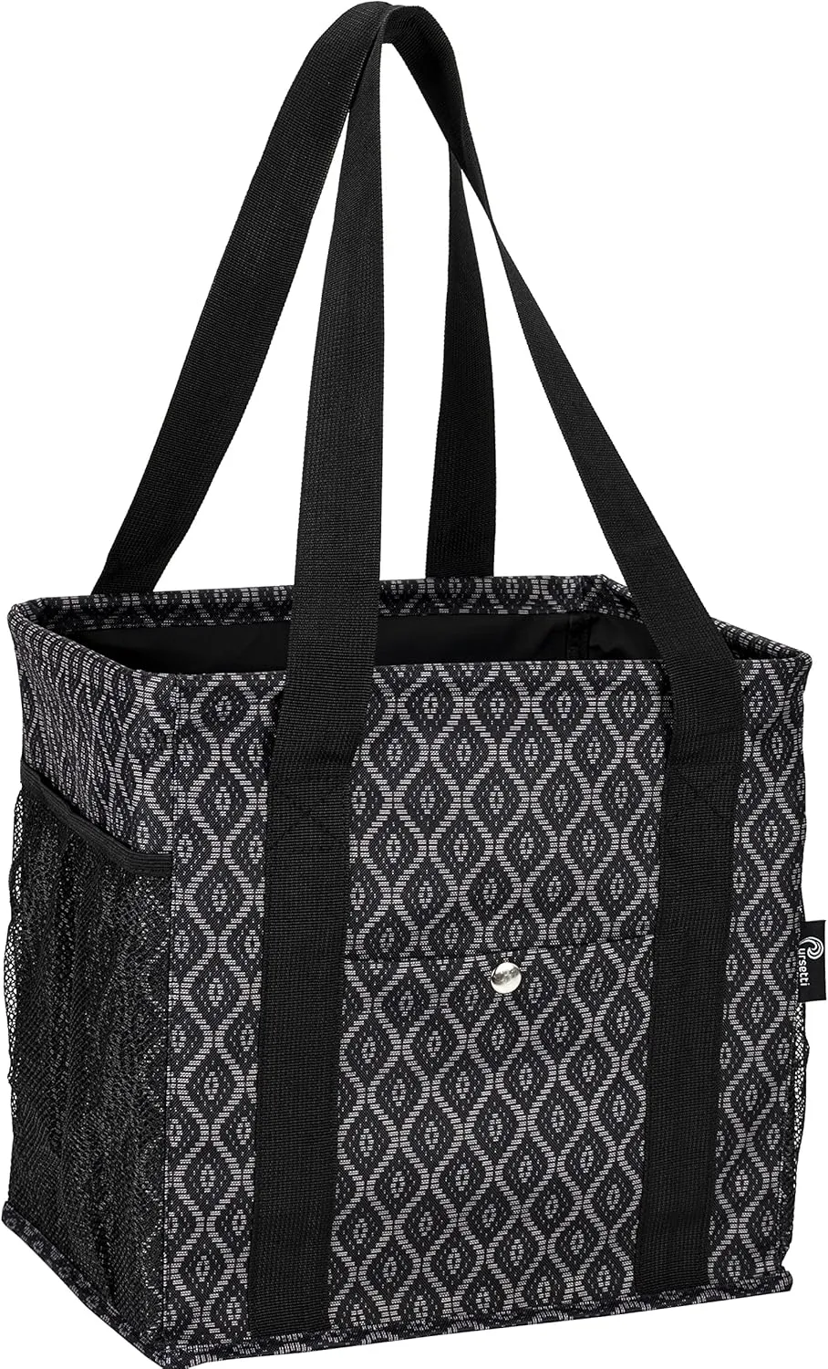 Small Utility Tote for Women with 4 Exterior Pockets - Perfect as Lunch, Reusable Grocery, Shopping, Work, Teacher, and Nurse Bag (Black Trellis)
