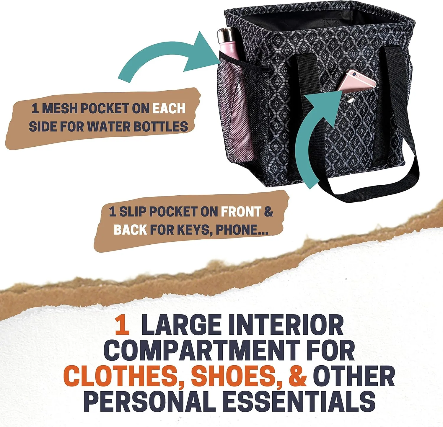Small Utility Tote for Women with 4 Exterior Pockets - Perfect as Lunch, Reusable Grocery, Shopping, Work, Teacher, and Nurse Bag (Black Trellis)