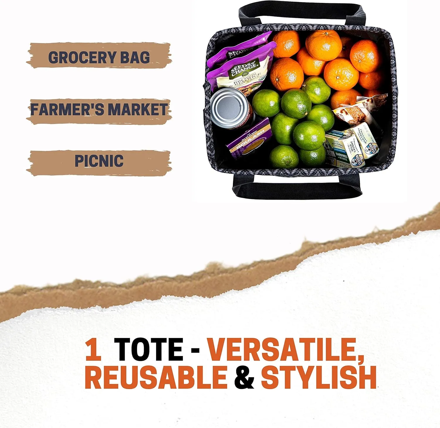 Small Utility Tote for Women with 4 Exterior Pockets - Perfect as Lunch, Reusable Grocery, Shopping, Work, Teacher, and Nurse Bag (Black Trellis)