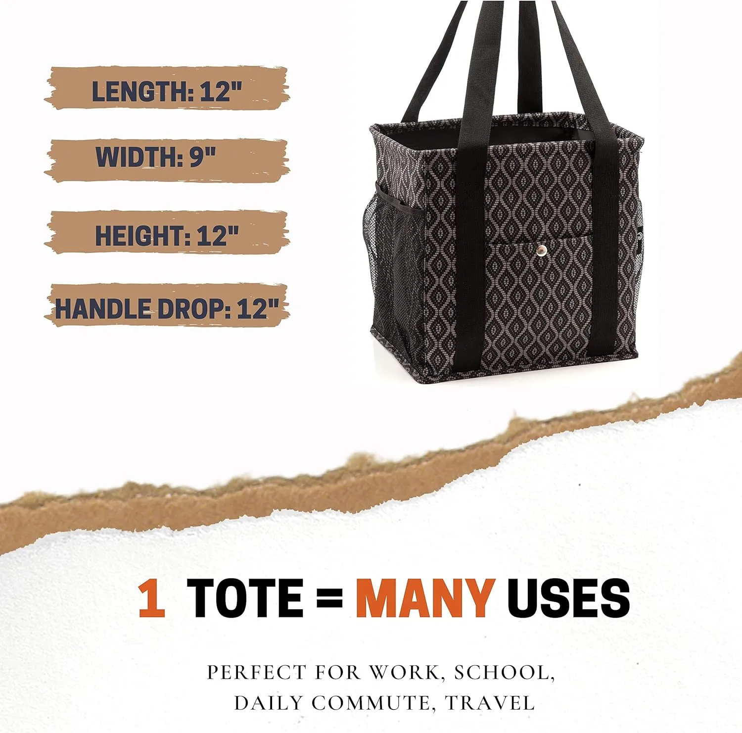 Small Utility Tote for Women with 4 Exterior Pockets - Perfect as Lunch, Reusable Grocery, Shopping, Work, Teacher, and Nurse Bag (Black Trellis)
