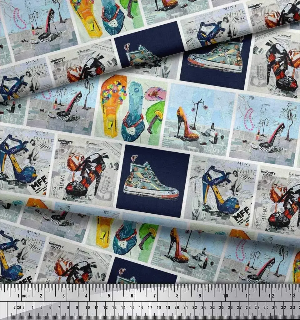 Soimoi Cotton Poplin Blue Fabric - by The Yard - 42 Inch Wide - Slippers, Shoes & High Heels Patchwork Glam - Fashionable Footwear-Inspired Designs Printed Fabric