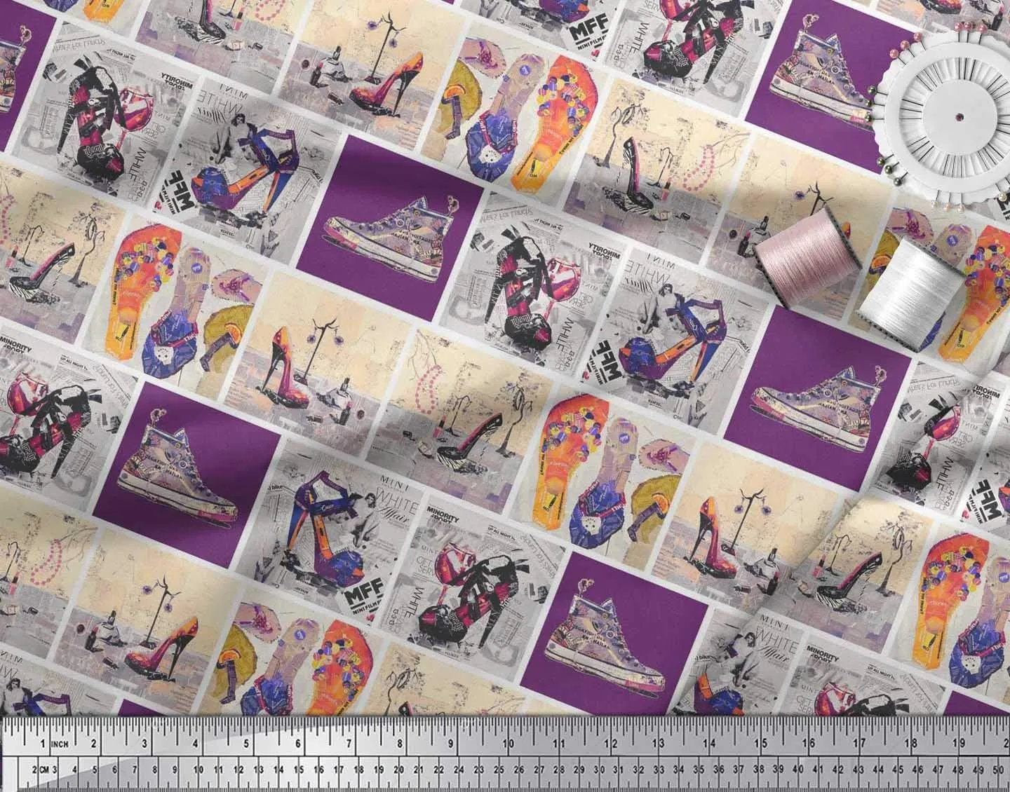 Soimoi Cotton Poplin Purple Fabric - by The Yard - 42 Inch Wide - Slippers, Shoes & High Heels Patchwork Glam - Fashionable Footwear-Inspired Designs Printed Fabric