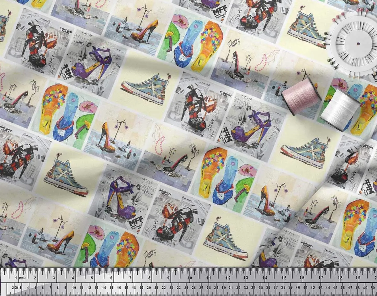 Soimoi Cotton Poplin Yellow Fabric - by The Yard - 56 Inch Wide - Slippers, Shoes & High Heels Patchwork Glam - Fashionable Footwear-Inspired Designs Printed Fabric