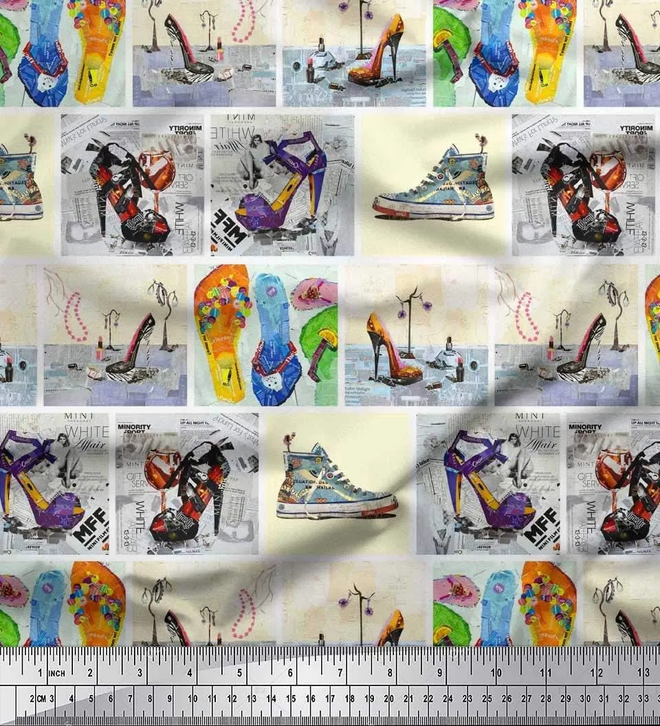 Soimoi Cotton Poplin Yellow Fabric - by The Yard - 56 Inch Wide - Slippers, Shoes & High Heels Patchwork Glam - Fashionable Footwear-Inspired Designs Printed Fabric