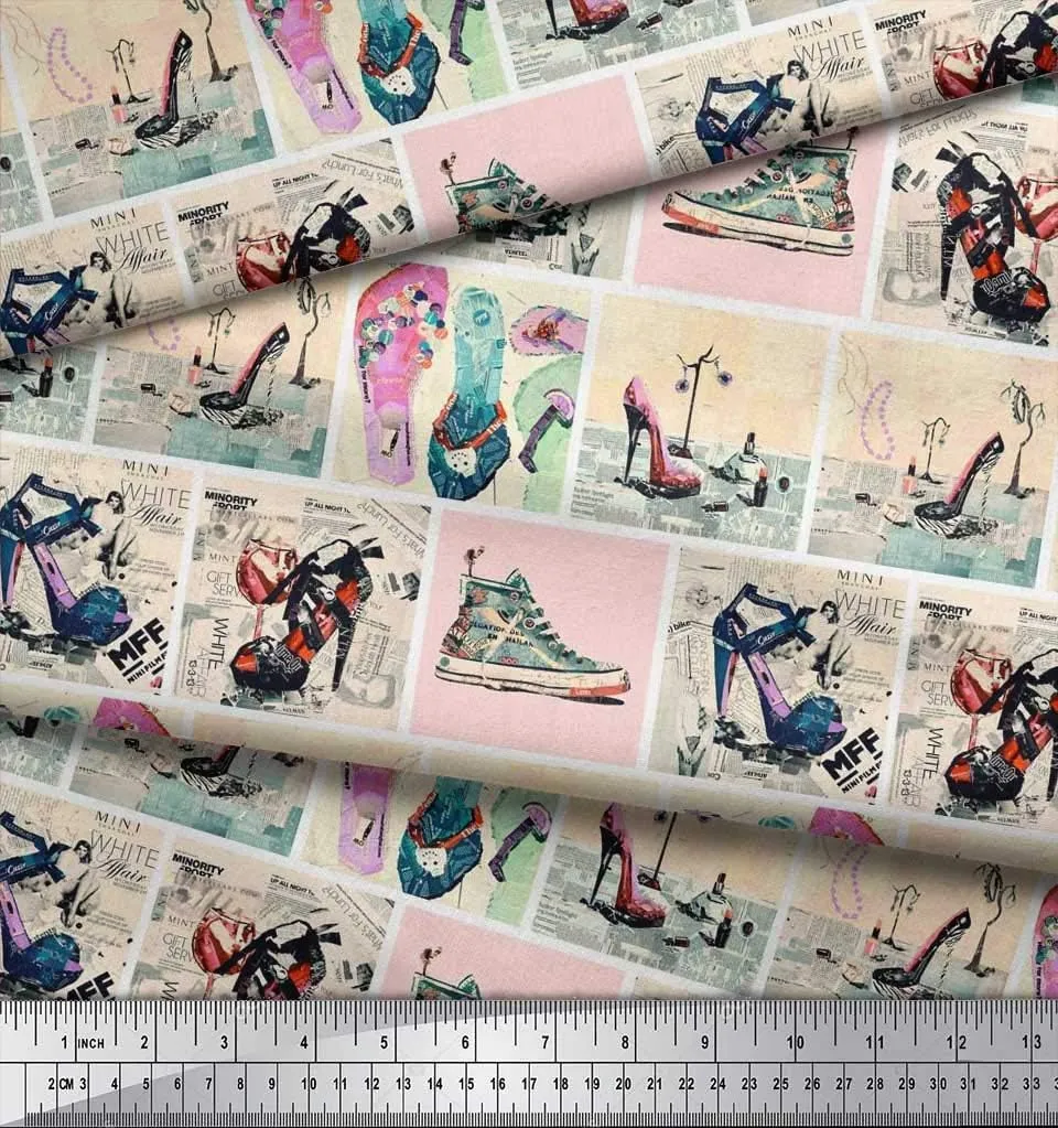 Soimoi Japan Crepe Orange Fabric - by The Yard - 42 Inch Wide - Slippers, Shoes & High Heels Patchwork Glam - Fashionable Footwear-Inspired Designs Printed Fabric
