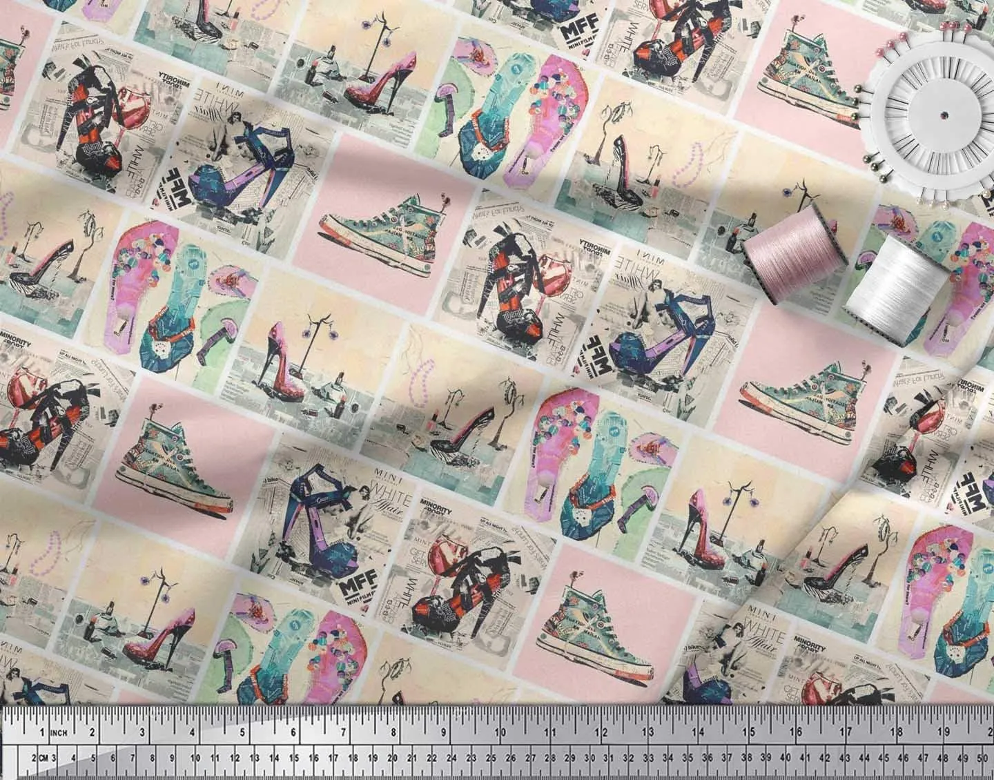 Soimoi Japan Crepe Orange Fabric - by The Yard - 42 Inch Wide - Slippers, Shoes & High Heels Patchwork Glam - Fashionable Footwear-Inspired Designs Printed Fabric