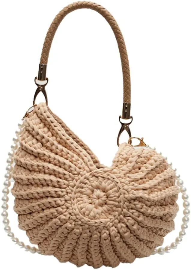Solyinne Handwoven Fashion Seashell Bag for Woman Shoulder Bag with Pearl Chain Summer Small Shell Crossbody Beach Bag