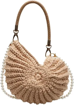 Solyinne Handwoven Fashion Seashell Bag for Woman Shoulder Bag with Pearl Chain Summer Small Shell Crossbody Beach Bag