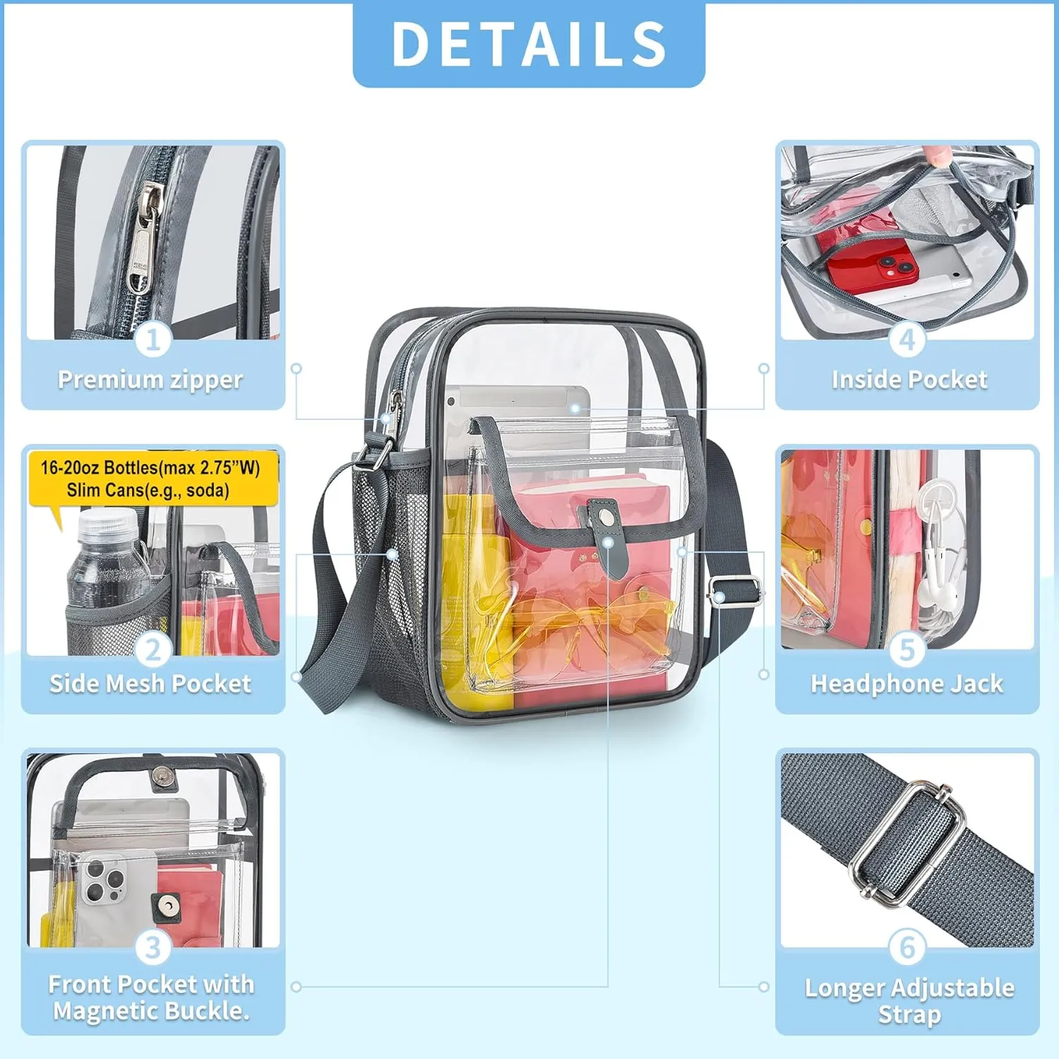 SPODEARS Clear Crossbody Bag for Stadium Events & Concerts - Adjustable Shoulder Strap Purse with 1 Bottle Holder
