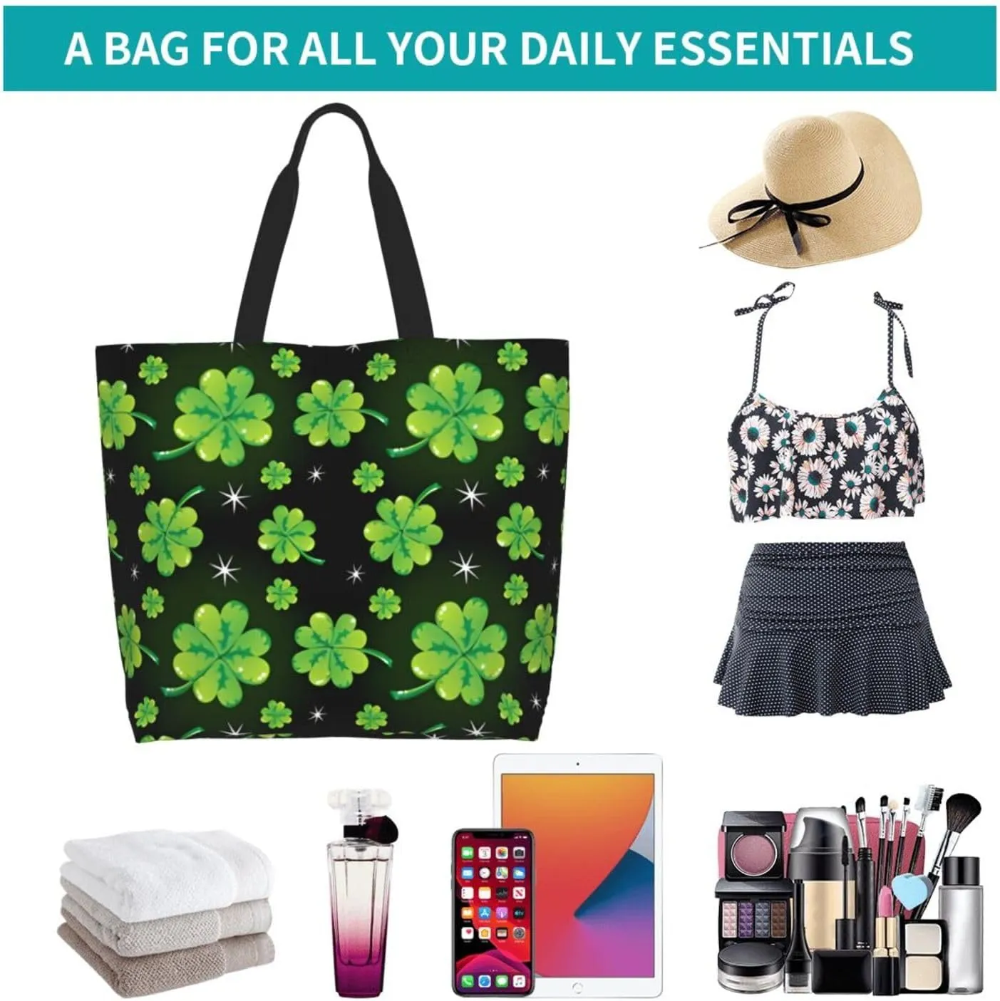St Patrick's Day Shamrock Tote Bag for Women Men Lucky Clover Reusable Grocery Bags for Work,Picnic,Camping,Travel