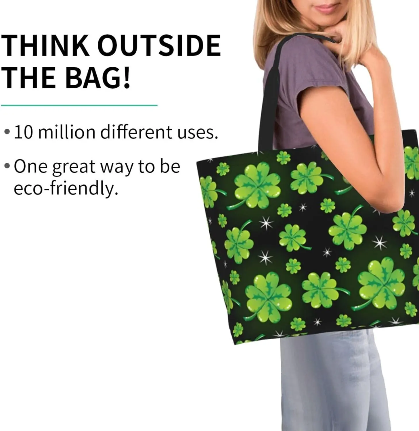 St Patrick's Day Shamrock Tote Bag for Women Men Lucky Clover Reusable Grocery Bags for Work,Picnic,Camping,Travel