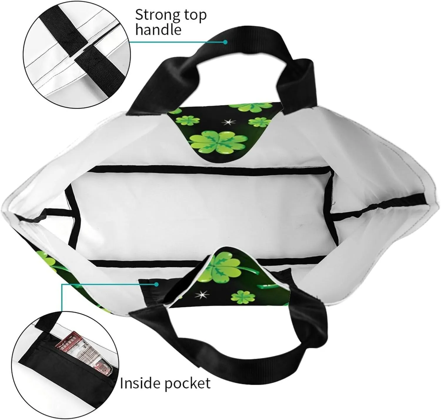 St Patrick's Day Shamrock Tote Bag for Women Men Lucky Clover Reusable Grocery Bags for Work,Picnic,Camping,Travel