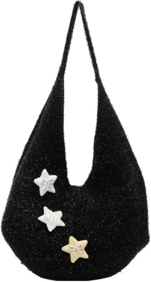 Star Crochet Tote Bag, Knitted Aesthetic Y2K Shoulder Bag for Women Knit Knitting Bag