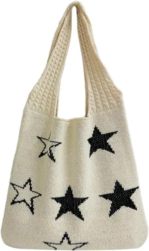 Star Crochet Tote Bag Mesh Knitted Bag Large Shoulder Bag Hobo Bag Aesthetic Knit Bag for Women Work Shopping Travel