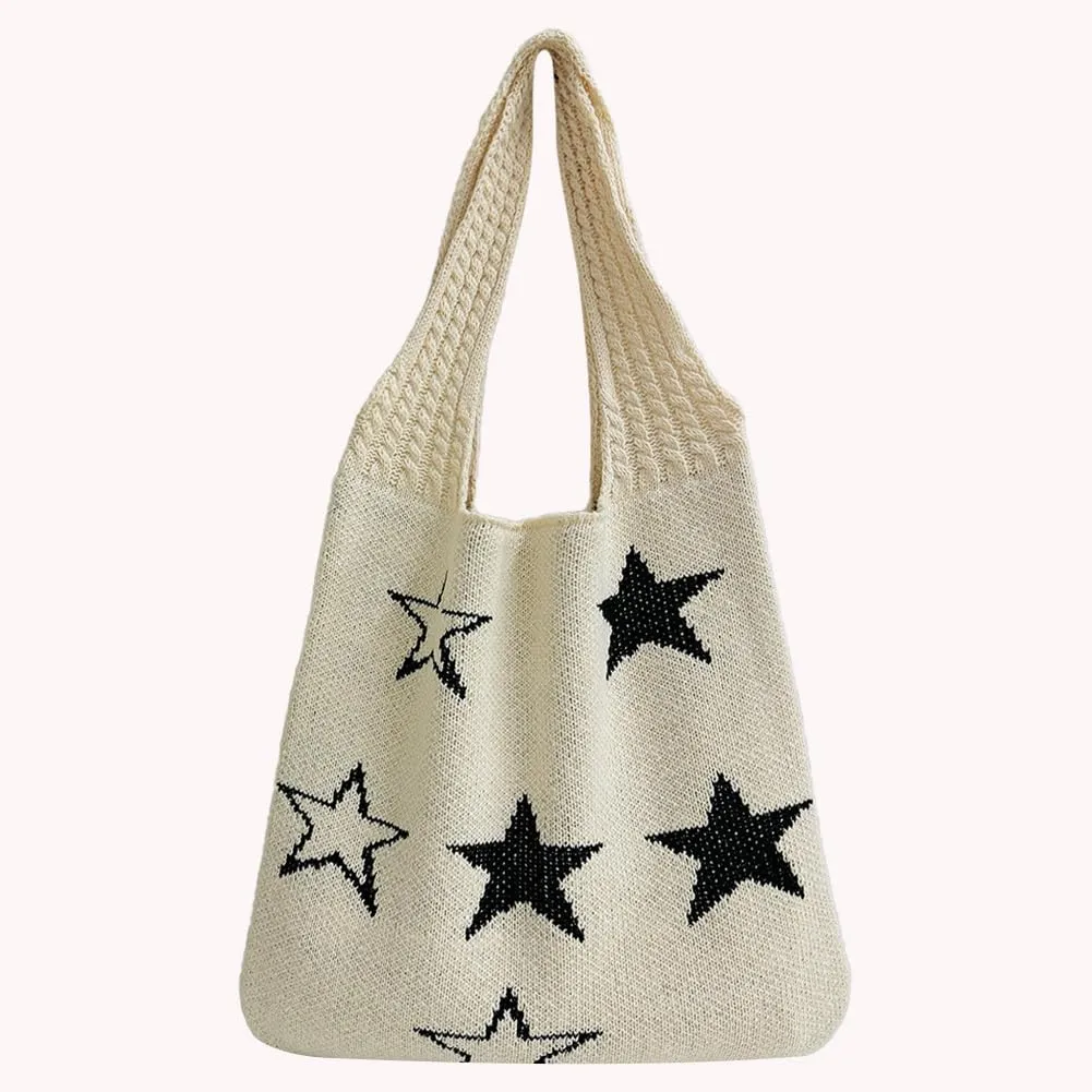 Star Crochet Tote Bag Mesh Knitted Bag Large Shoulder Bag Hobo Bag Aesthetic Knit Bag for Women Work Shopping Travel
