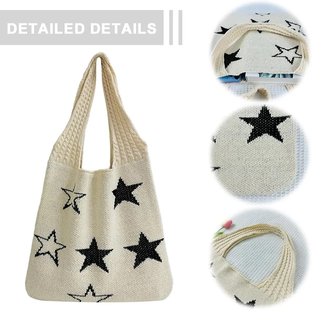Star Crochet Tote Bag Mesh Knitted Bag Large Shoulder Bag Hobo Bag Aesthetic Knit Bag for Women Work Shopping Travel