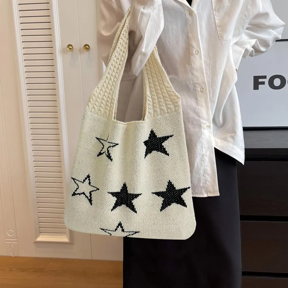 Star Crochet Tote Bag Mesh Knitted Bag Large Shoulder Bag Hobo Bag Aesthetic Knit Bag for Women Work Shopping Travel