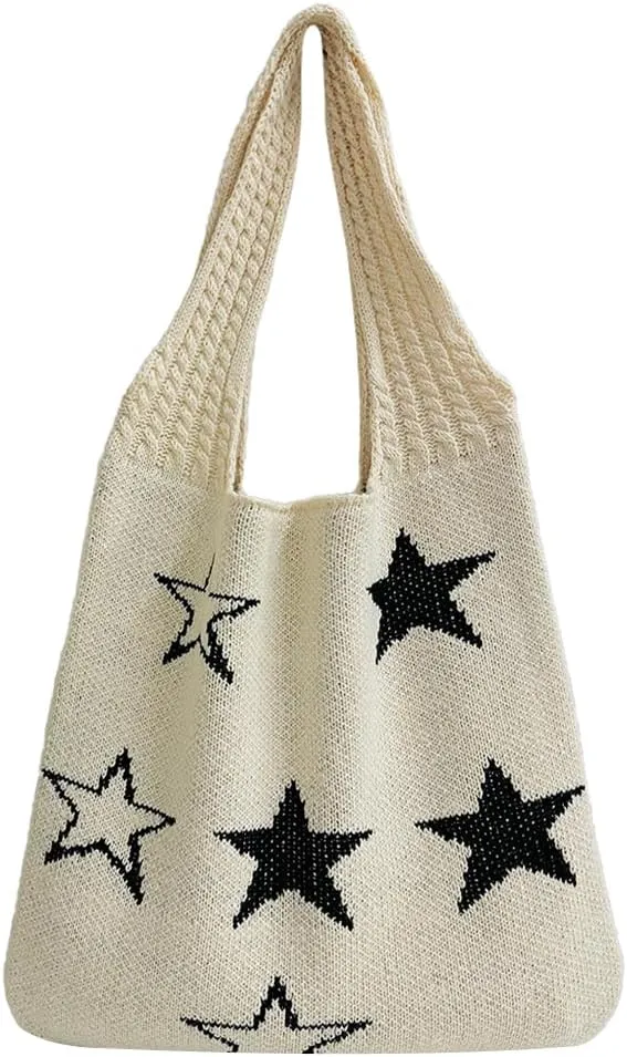 Star Crochet Tote Bag Mesh Knitted Bag Large Shoulder Bag Hobo Bag Aesthetic Knit Bag for Women Work Shopping Travel