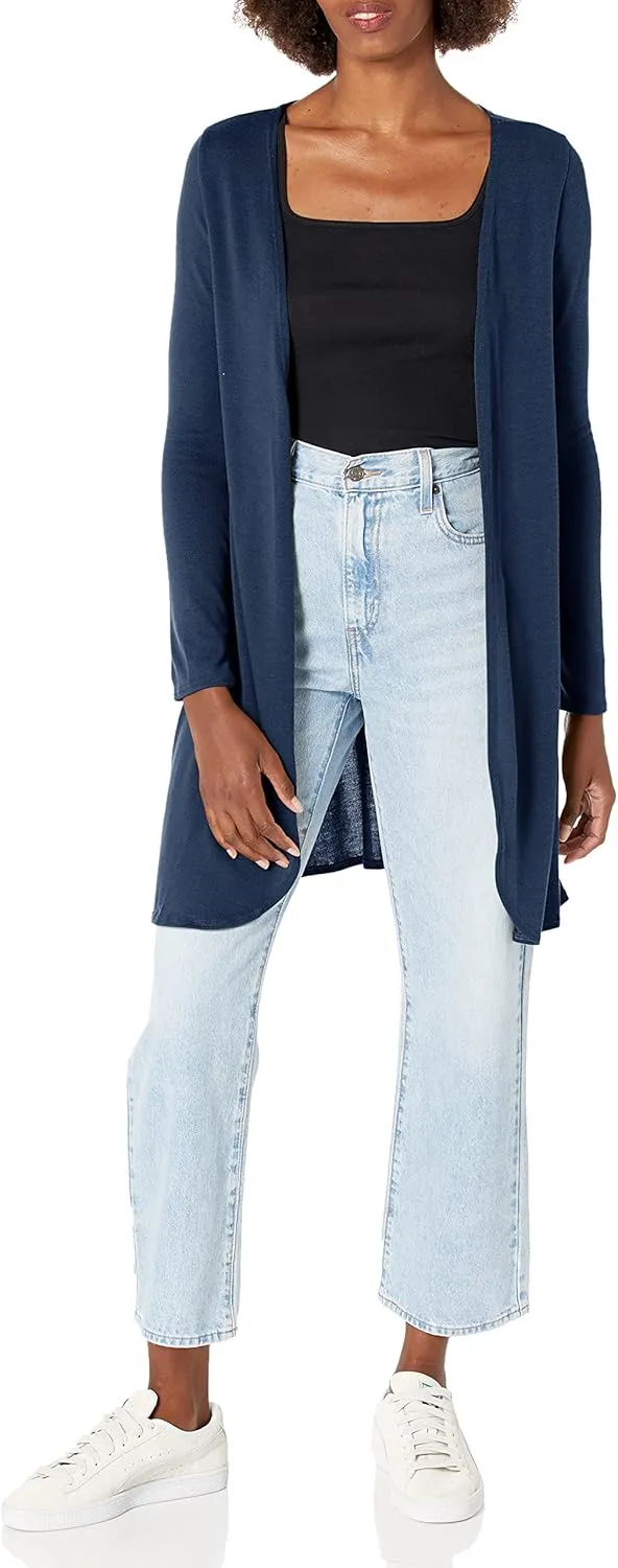 Star Vixen Women's Plus Size Long Sleeve Open Front Casual Cardigan Duster Length in Light Weight Sweater Knit