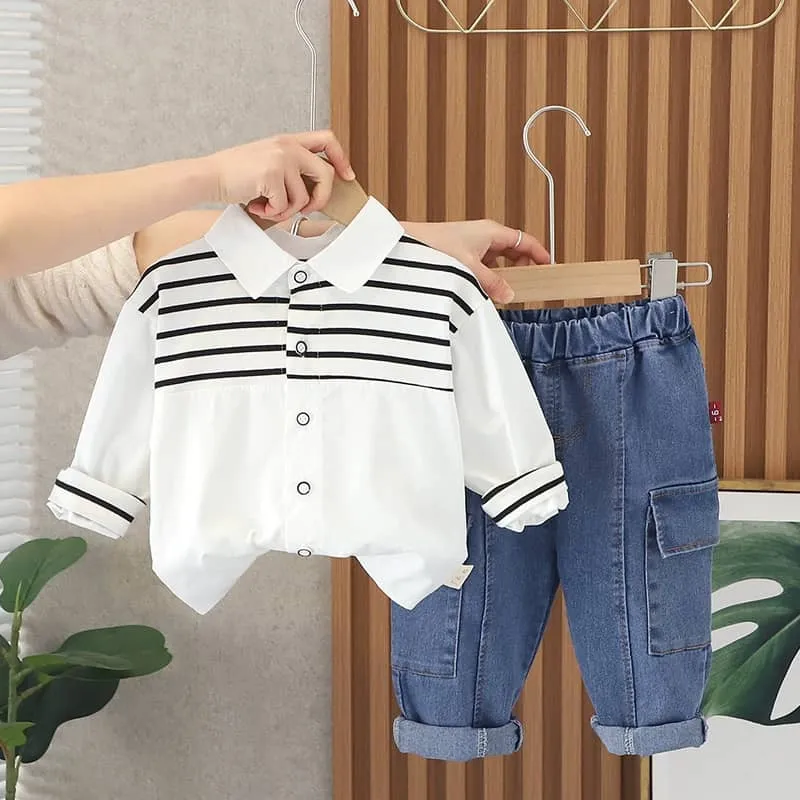 Stripe Detail Patchwork Shirt and Denim Set