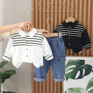Stripe Detail Patchwork Shirt and Denim Set