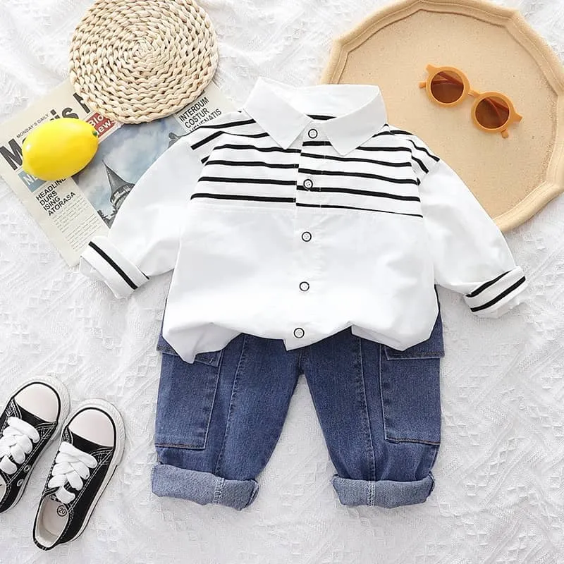 Stripe Detail Patchwork Shirt and Denim Set