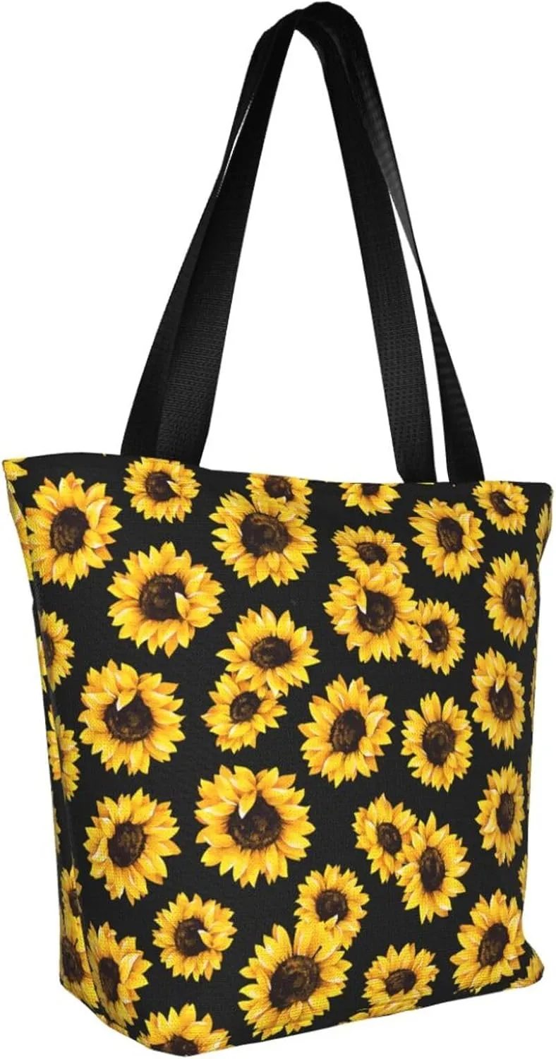 Sunflower American Flag Tote Bag For Women Lightweight Shoulder Bags Shopping Handbags With Zipper