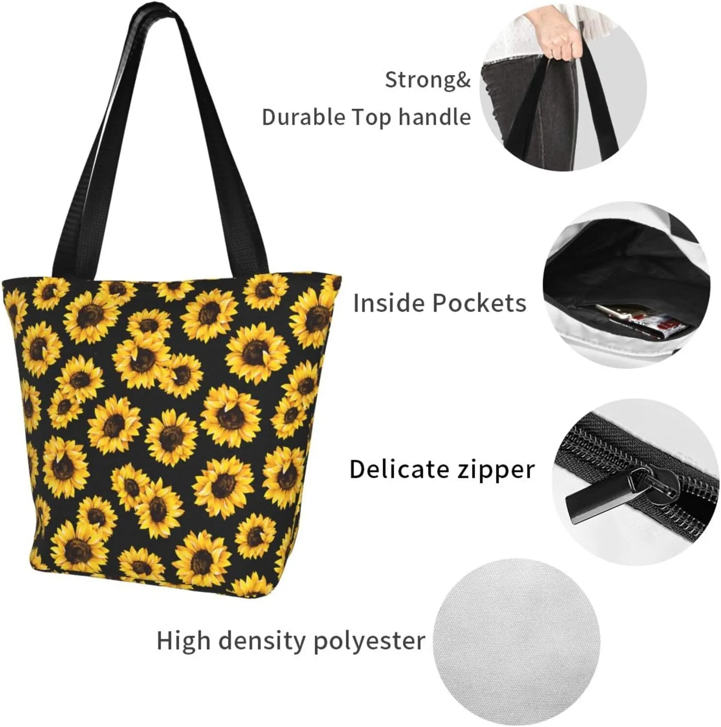 Sunflower American Flag Tote Bag For Women Lightweight Shoulder Bags Shopping Handbags With Zipper