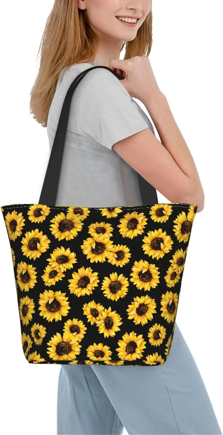 Sunflower American Flag Tote Bag For Women Lightweight Shoulder Bags Shopping Handbags With Zipper