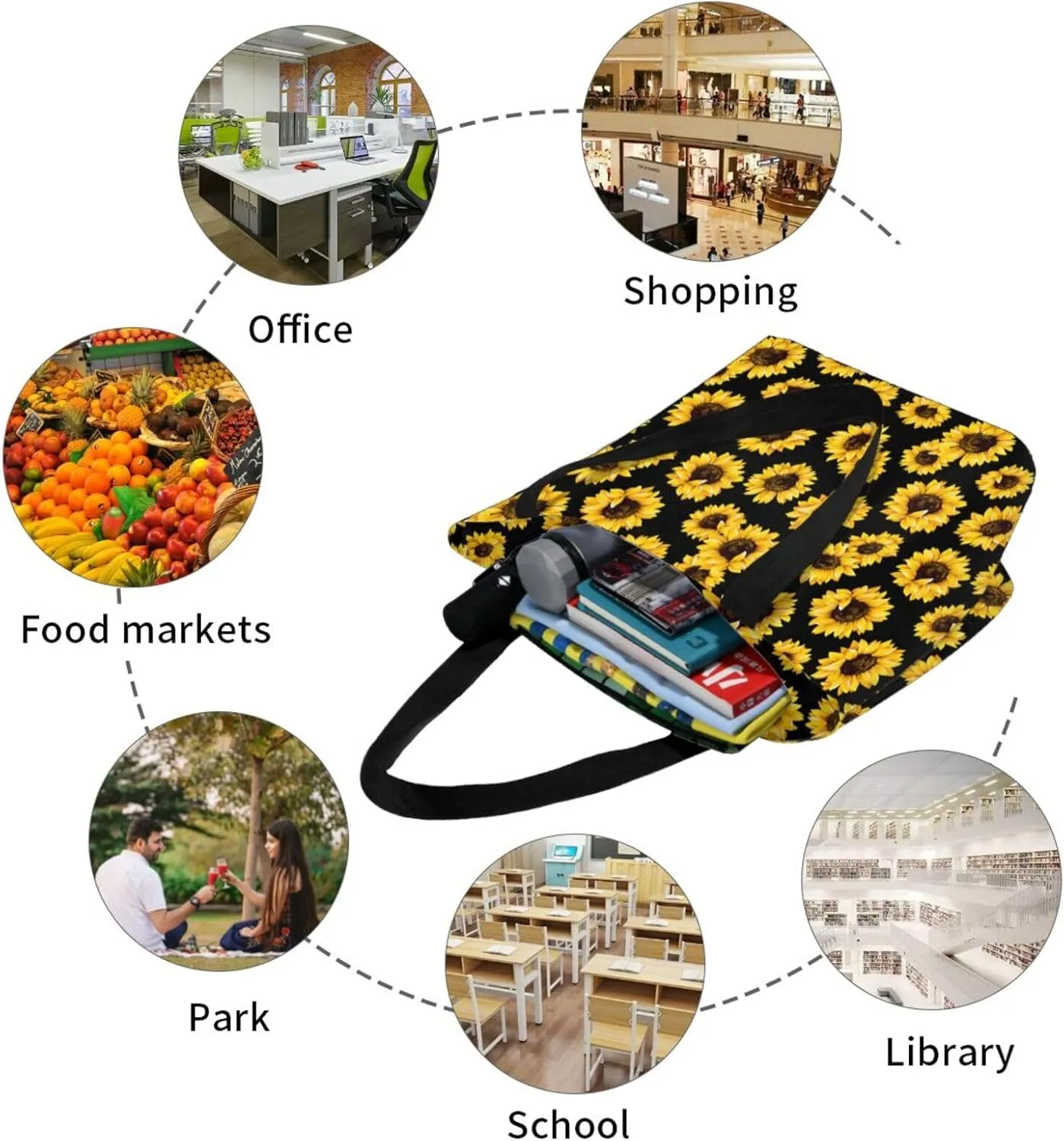 Sunflower American Flag Tote Bag For Women Lightweight Shoulder Bags Shopping Handbags With Zipper
