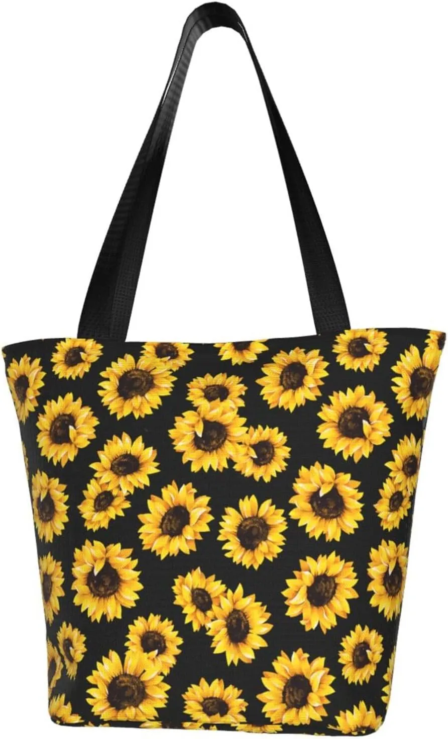 Sunflower American Flag Tote Bag For Women Lightweight Shoulder Bags Shopping Handbags With Zipper