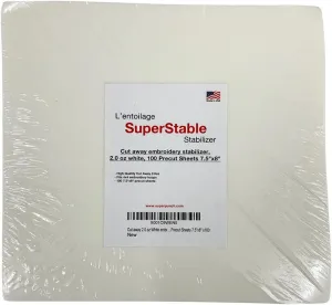 Superpunch Cutaway 2.0 Oz Stabilizer for Embroidery Machines- 7.5 x 8 inches, White SuperStable Embroidery Stabilizer Backing, Cut Away Embroidery Stabilizers 100 Precut Stabilizer Sheets,Made in USA
