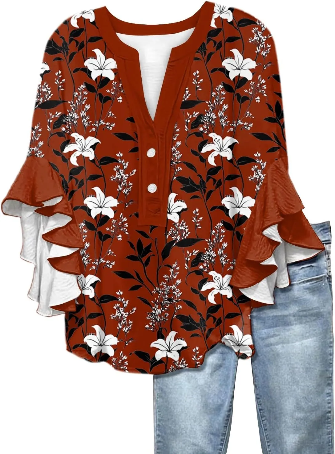 Surf Stylish 3/4 Sleeve Blouse Women Oversize Summer Loose Comfortable Tee Shirts Woman V Neck Print Tee