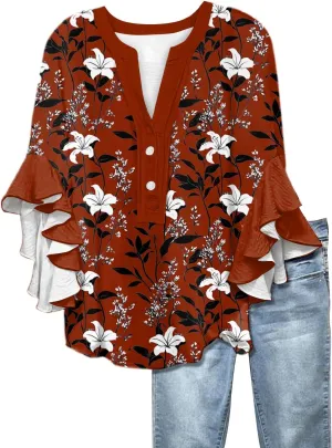 Surf Stylish 3/4 Sleeve Blouse Women Oversize Summer Loose Comfortable Tee Shirts Woman V Neck Print Tee