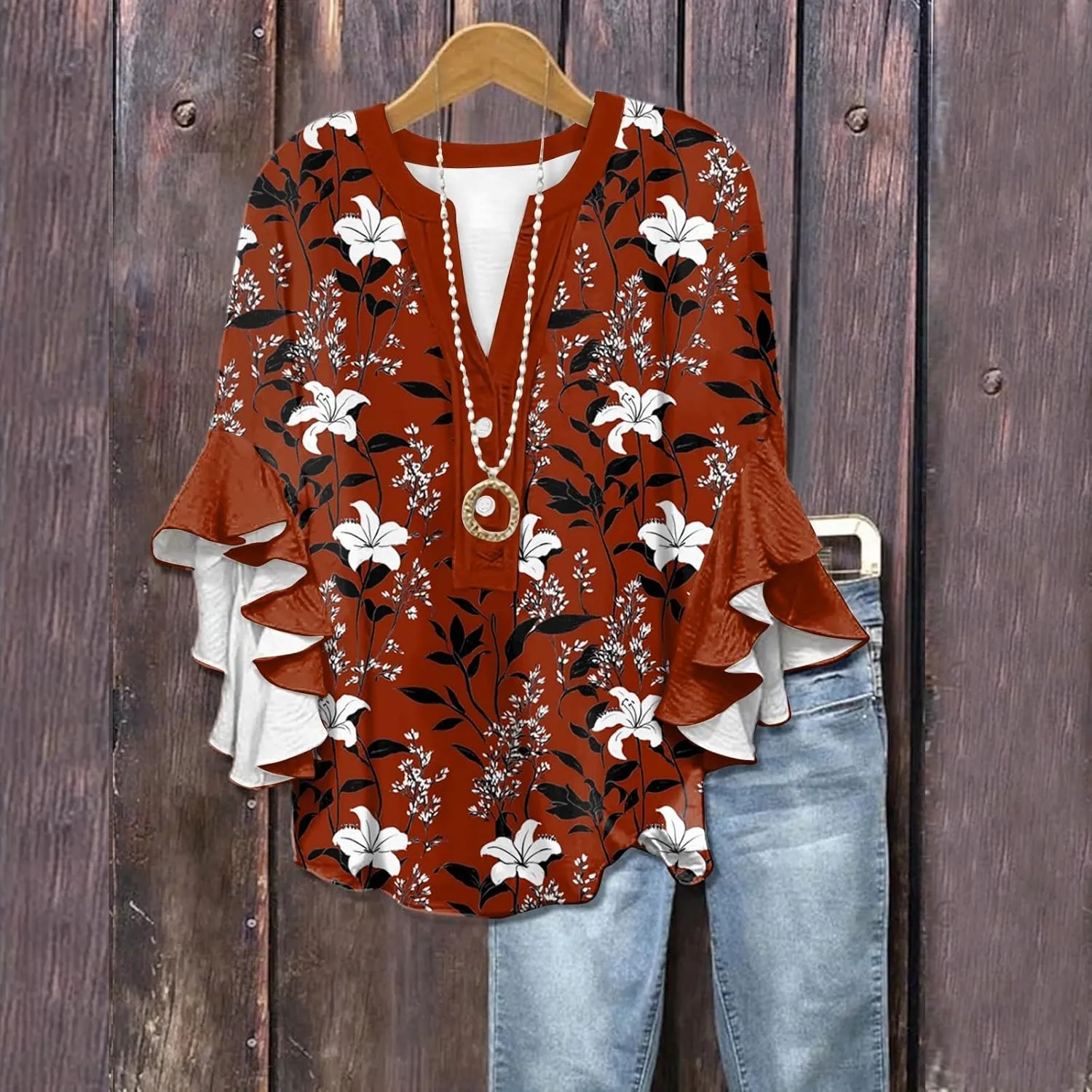 Surf Stylish 3/4 Sleeve Blouse Women Oversize Summer Loose Comfortable Tee Shirts Woman V Neck Print Tee
