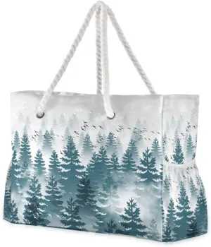 susiyo Beach Bag Green Spruce Forest Beach Tote Bag Large Travel Tote Bag Waterproof Lightweight Shoulder Bag with Thick Cotton Rope for Gym Beach Travel Pool Yoga Baby Utility Bag