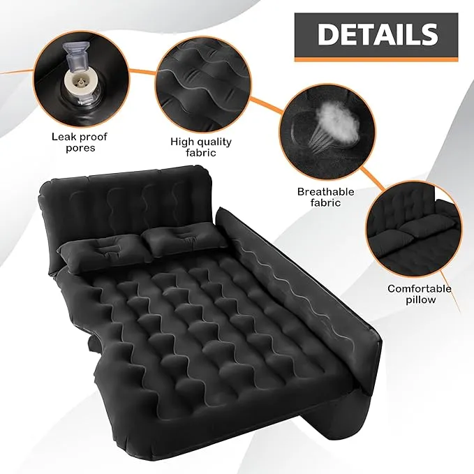 SUV Air Mattress Car Camping Bed -Car Air Mattress Inflatable Thickened and Double Car Air Mattress Bed with Air Pump Portable Foldable Car Air Bed Mattress for Home Car Travel Camping - Black
