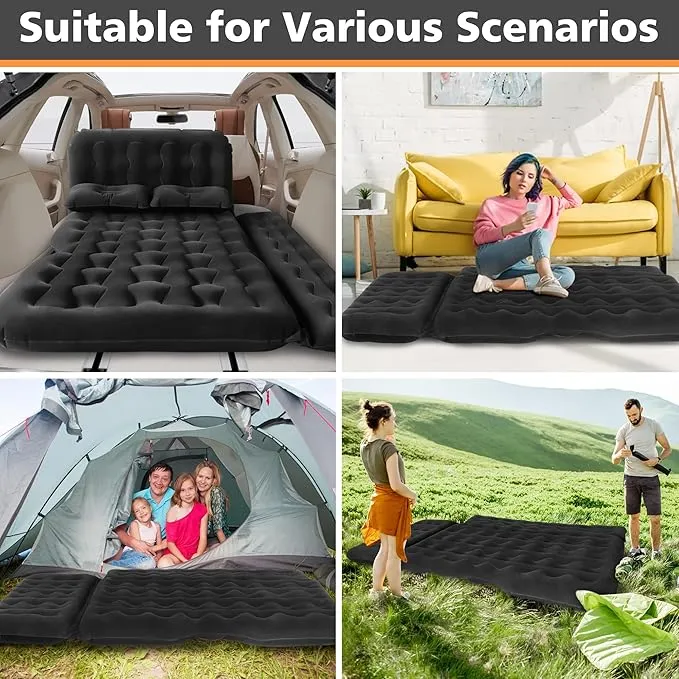SUV Air Mattress Car Camping Bed -Car Air Mattress Inflatable Thickened and Double Car Air Mattress Bed with Air Pump Portable Foldable Car Air Bed Mattress for Home Car Travel Camping - Black
