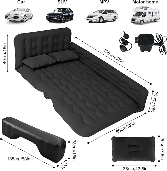 SUV Air Mattress Car Camping Bed -Car Air Mattress Inflatable Thickened and Double Car Air Mattress Bed with Air Pump Portable Foldable Car Air Bed Mattress for Home Car Travel Camping - Black