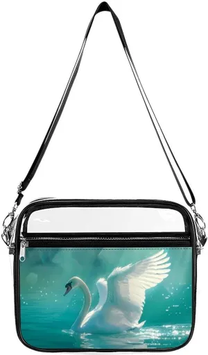 Swan Swimming on The Lake Large Clear Stadium Bag Clear Mini Messenger Bags with 2 Compartments Crossbody Bag