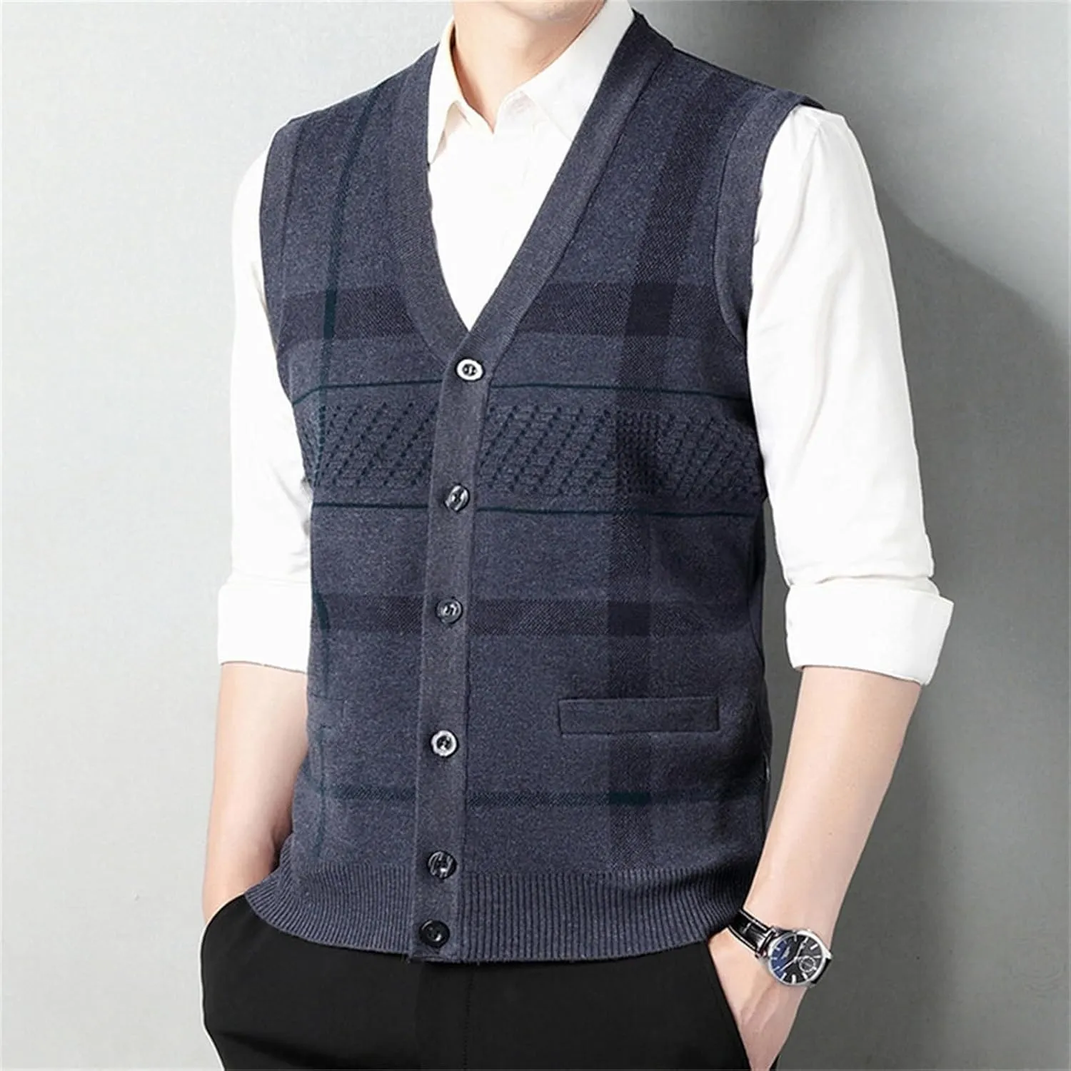 Sweater Vest for Men Sleeveless V Neck Button Down Knitwear Casual Slim Fit Striped Pullover Knit Sweater Fall Vests