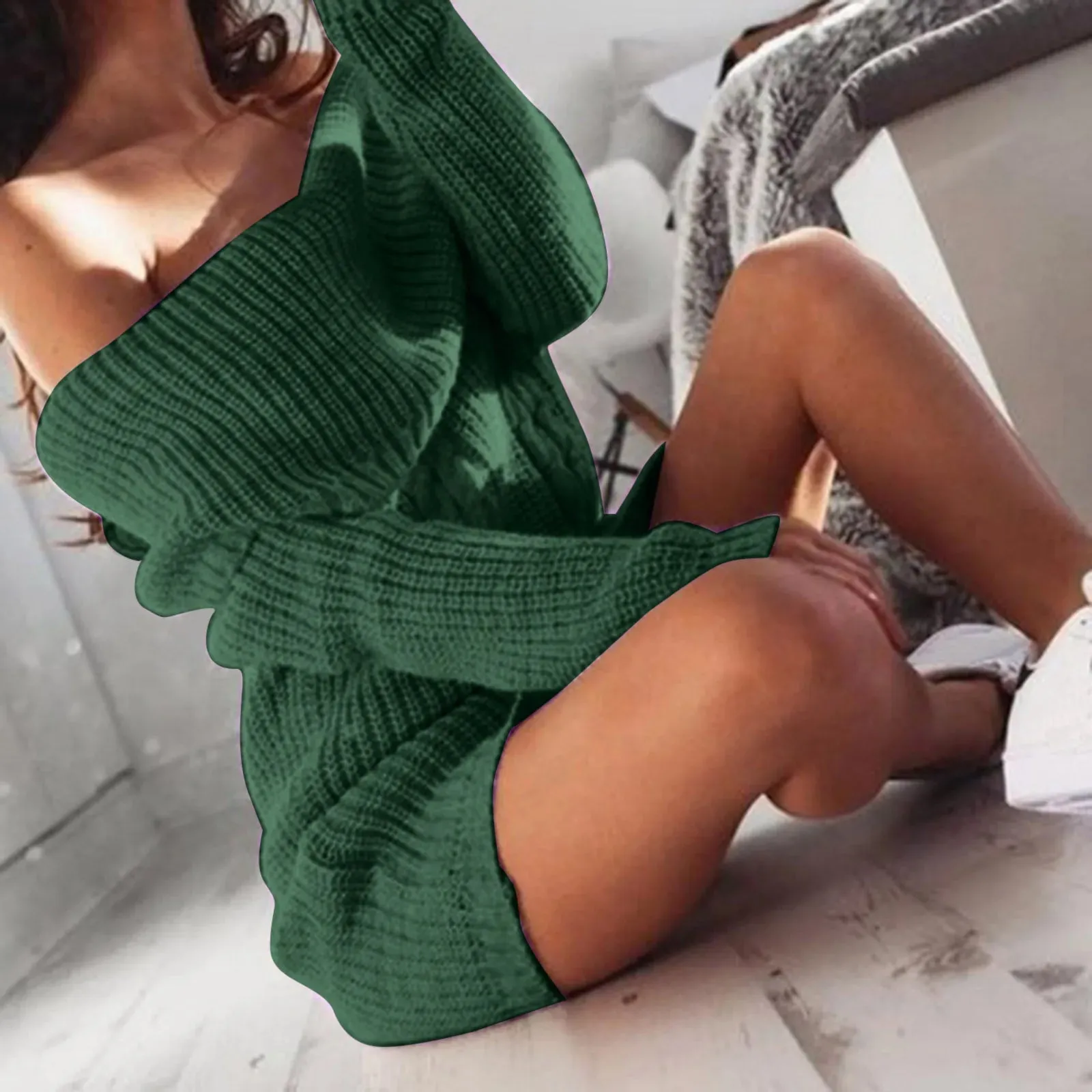 Sweaters For Women Trendy 2024 Womens Sweater Dress Line Neck Off Shoulder Long Sleeve Hip Knit Sweater Loose Dress 여성여름옷