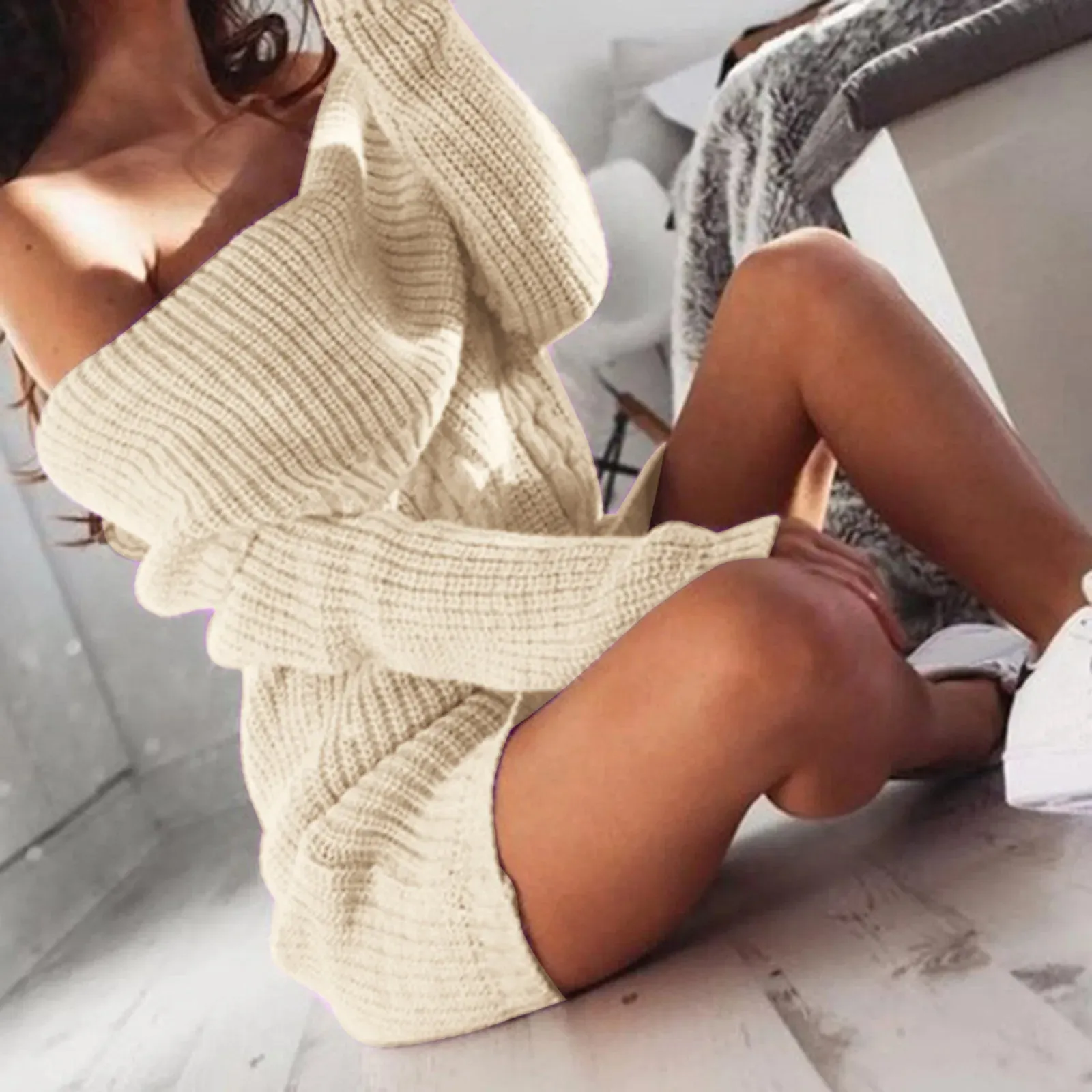 Sweaters For Women Trendy 2024 Womens Sweater Dress Line Neck Off Shoulder Long Sleeve Hip Knit Sweater Loose Dress 여성여름옷